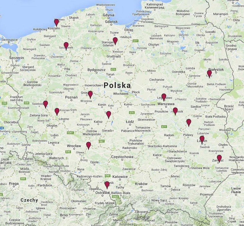 Mapa z miejscowościami, w których będą realizowane projekty