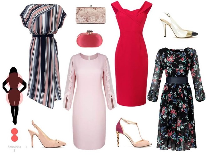 Sukienki odpowiednie dla sylwetki KLEPSYDRA: sukienka w prążki – Cotton Club/ cottonclub.pl, różowa sukienka – Modern Line/ modernline.pl, czerwona sukienka - Grandio/grandio.pl, sukienka w kwiaty - Midori Feminine Fashion/midori.pl, buty i torebki - Menbur/menbur.pl