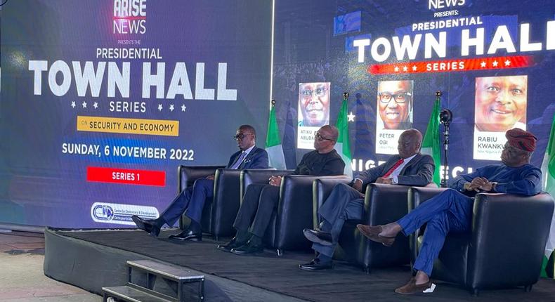 Presidential candidates discuss their agenda for Nigeria at Arise town hall meeting on Sunday, November 6, 2022.(Premium Times).