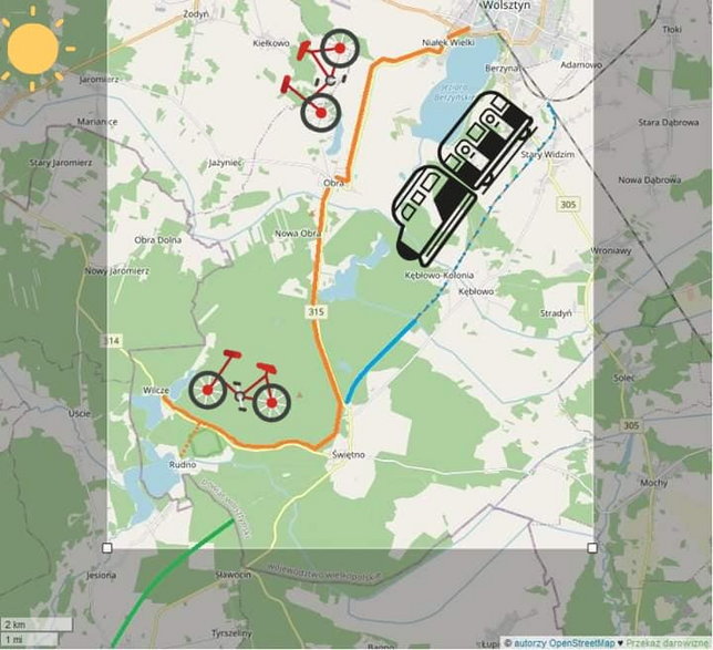 Mapka "wielkopolskiej" trasy rowerowej do Wolsztyna