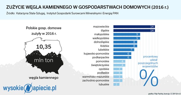 Zużycie węgla w gospodarstwach domowych 2016