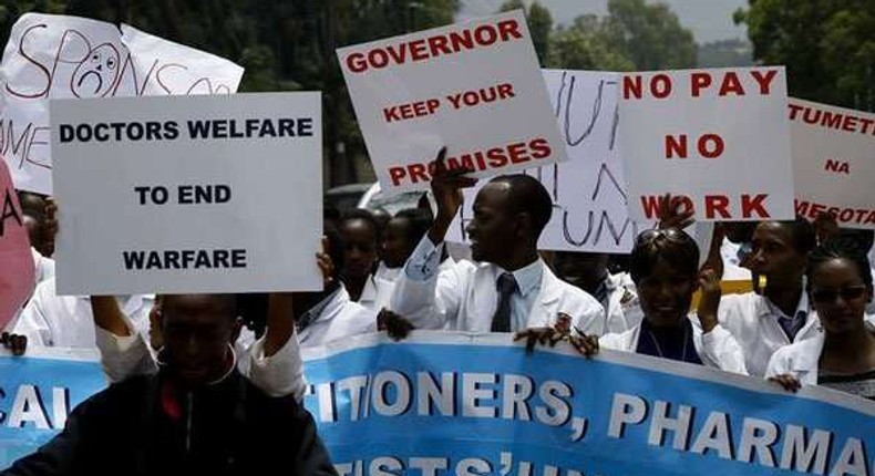 Doctors at the Nakuru Level Five Hospital demonstrate on September 26, 2016.