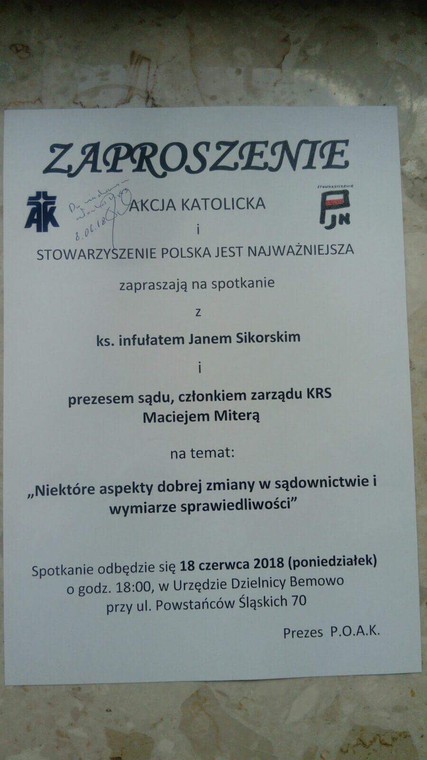 Ulotka, zapraszająca na spotkanie z rzecznikiem KRS oraz ks. Janem Sikorskim