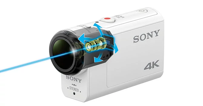 Nowy optyczny stabilizator obrazu w Sony FDR-X3000R: soczewki i matryca tworzą jedną, zawieszoną całość. Dzięki temu kompensacja wstrząsów jest lepsza niż przy elektronicznym stabilizatorze obrazu.