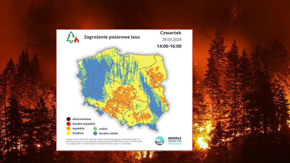 Zagrożenie pożarowe lasów obejmuje prawie w całości trzy województwa