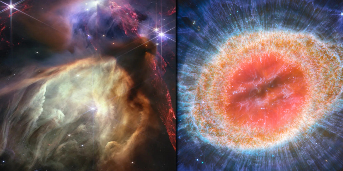 Mgławica Pierścień oraz centralna część gromady gwiazd IC 348 widziane przez należący do NASA Kosmiczny Teleskop Jamesa Webba.