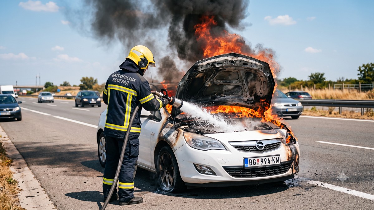 Vatrigasci, zapaljen automobil, ilustracija (fotografija je napravljena uz pomoć veštačke inteligencije)