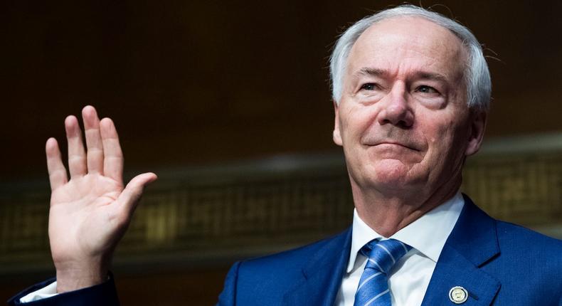 Arkansas Gov. Asa Hutchinson, is sworn into the Senate Judiciary Committee hearing in Dirksen Building titled Examining Federal Sentencing for Crack and Powder Cocaine, on Tuesday, June 22, 2021.