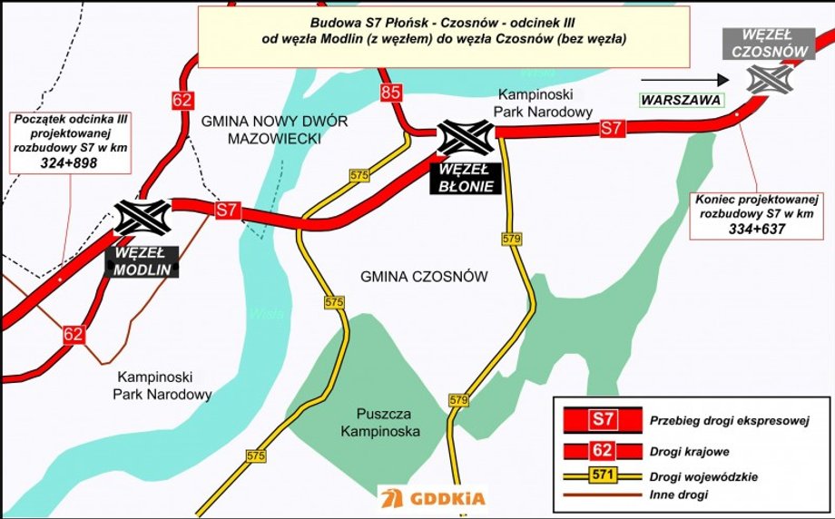 Mapa odcinka drogi S7, na który rozstrzygnięto przetarg