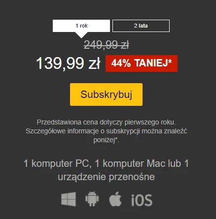 Również Nortona można kupić tylko w subskrypcji, jednak wyświetlana cena obowiązuje w pierwszym roku. W kolejnych konto klienta zostanie obciążone kwotą przekreśloną.