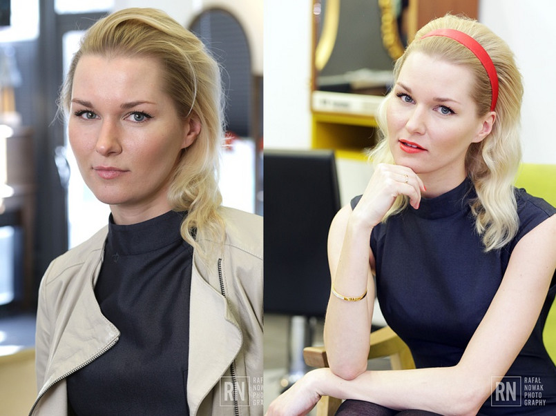 Fryzura z włosami uniesionymi u nasady i ozdobionymi opaską postała w warszawskim salonie Milek Design.