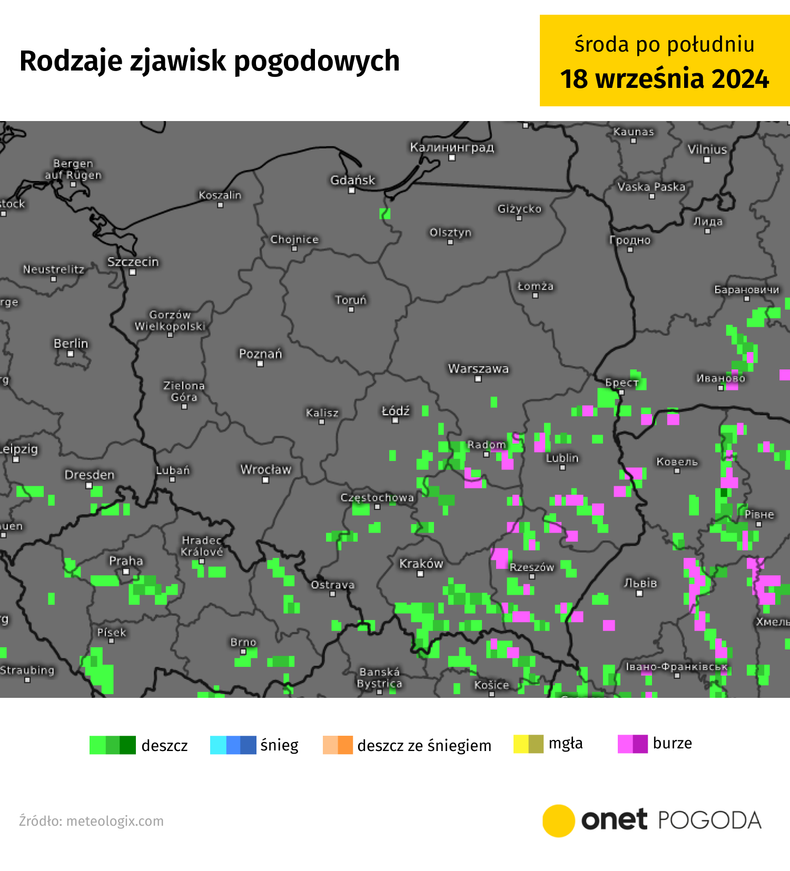 Opady w najbliższych dniach będą pojawiać się tylko punktowo. Na mapie prognoza zjawisk na środę