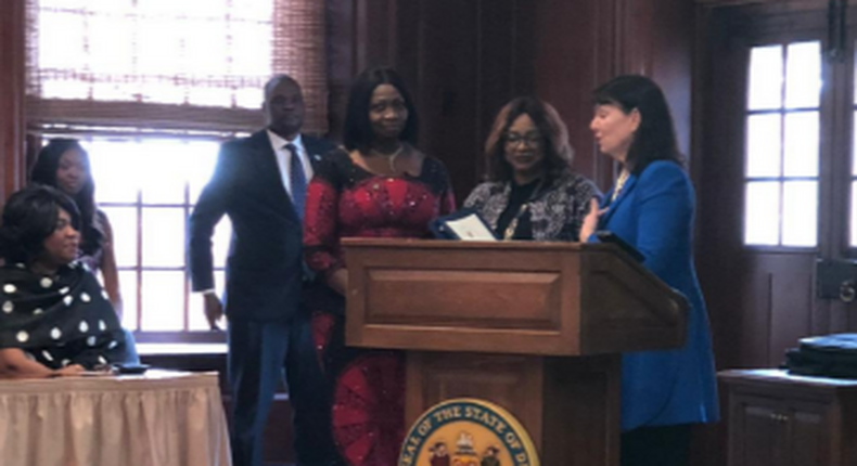 The Chairman/CEO of Nigerians in Diaspora Commission, Hon. Abike Dabiri-Erewa and the Chairman, House Committee on Diaspora, Hon Tolulope Akande-Sadipe discussing issues relating to Nigerian Diasporans in State of Delaware, USA. [Twitter/@nidcom_gov]