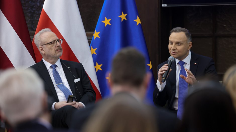 Egils Levits i Andrzej Duda podczas spotkania w Rydze (2 lutego 2023 r.)