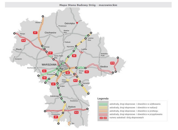 Mapa stanu budowy dróg - mazowieckie, źródło: GDDKiA