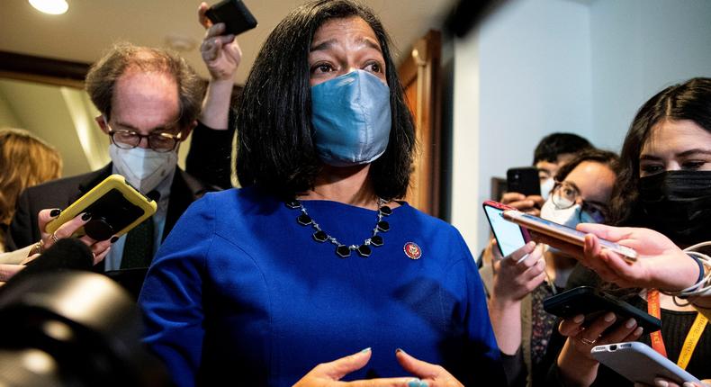 U.S. Representative Pramila Jayapal (D-WA), Chair of the Congressional Progressive Caucus, speaks to reporters following a progressive caucus meeting on Capitol Hill in Washington, U.S., October 28, 2021