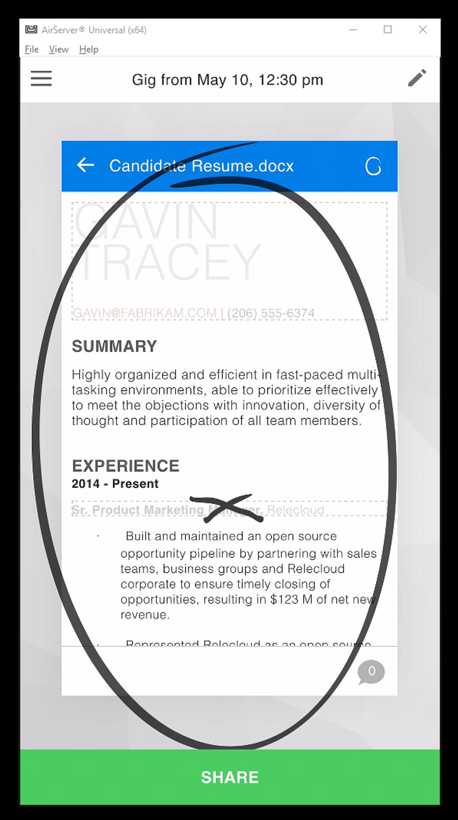 You circle the stuff you want to share with either your finger or stylus, and "X" out the stuff you don't want other people to see.