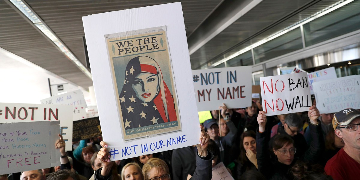 Protests erupted at airports across the country, like this one in San Francisco, after the first ban was issued on January 28, 2017.