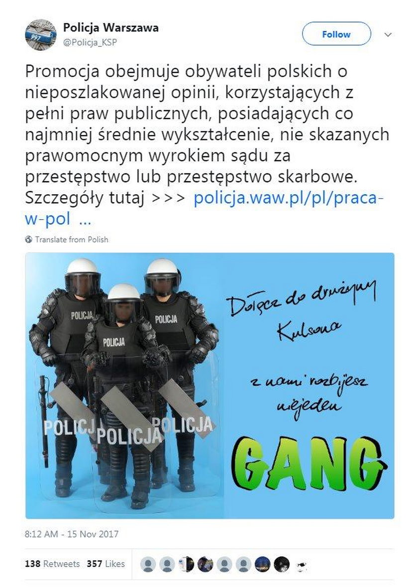 Tak policja rekrutuje "na Kulsona". Zobacz plakat