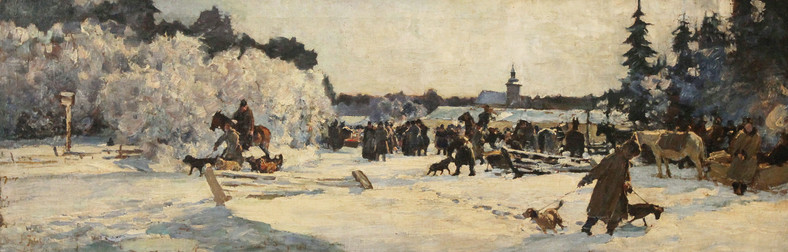 Zaginiony podczas II wojny światowej obraz olejny Fałata, "Przed polowaniem w Rytwianach"
