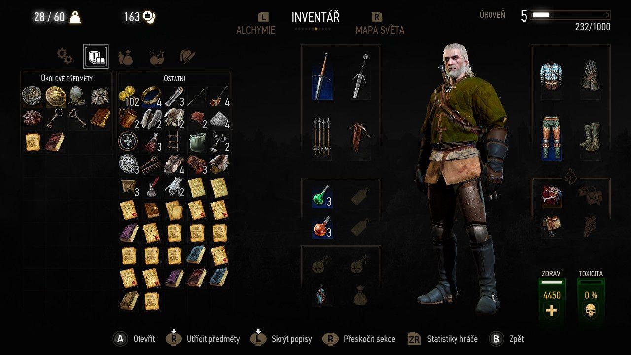 Všetko, čo nájdete, kúpite a dostanete, sa ukladá do inventára. Tu tiež hráč môže Geraltovi nasadiť novú zbroj, kde vidí aj jej štatistiky či nové meče. Pridávajú sa tu takisto predmety do rýchlej voľby, aby boli v prípade potreby poruke. Napríklad jedlo, ktoré dopĺňa život, sa hodí mať na dosah jedného tlačidla. Inventár je celkom prehľadne rozdelený podľa typu predmetov a dá sa v ňom dobre orientovať.