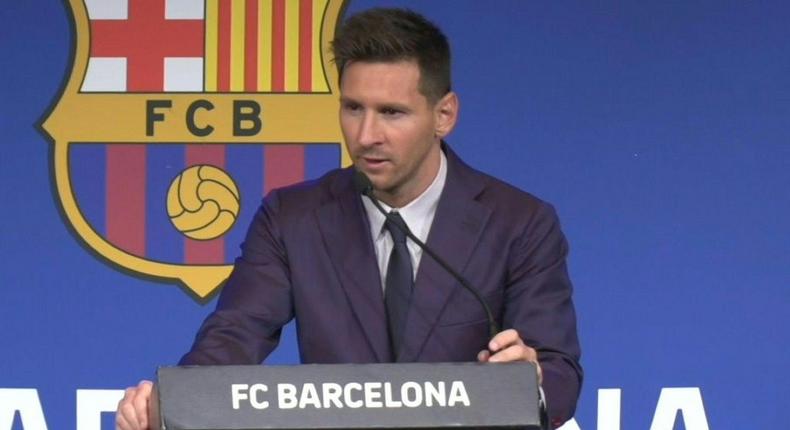 A tearful Lionel Messi tells a press conference in Barcelona that joining French giants Paris Saint-Germain is a 'possibility' Creator: Adrian ADDISON