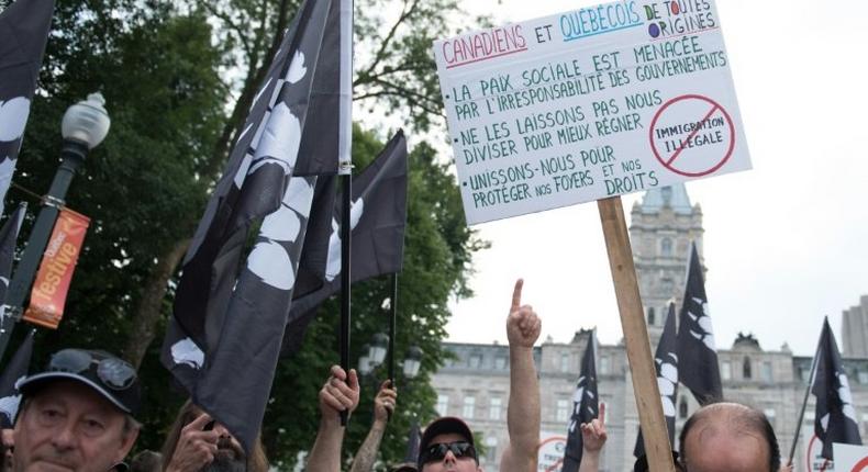 La Meute, a far-right, anti-immigration group, holds a rally in Quebec City, Canada, on August 20, 2017