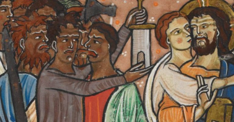 Judasz zdradzający Jezusa. Nieprzypadkowo XIII-wieczny iluminator nadał jego skórze ciemny odcień.