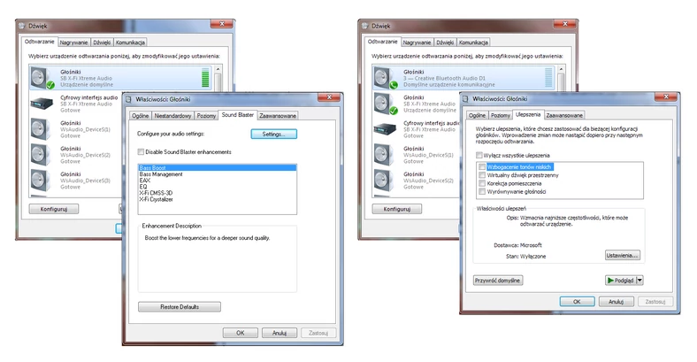 Opcje „wspomagania” dźwięku dostępne na wyjściach karty Creative X-Fi (po lewej) oraz adaptera Bluetooth (po prawej) (kliknij, aby powiększyć)