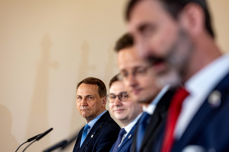 Radosław Sikorski, pierwszy z lewej, na szczycie ministrów spraw zagranicznych Grupy Wyszehradzkiej w Pradze (21.03.2024)