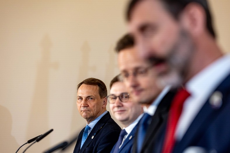 Radosław Sikorski, pierwszy z lewej, na szczycie ministrów spraw zagranicznych Grupy Wyszehradzkiej w Pradze (21.03.2024)