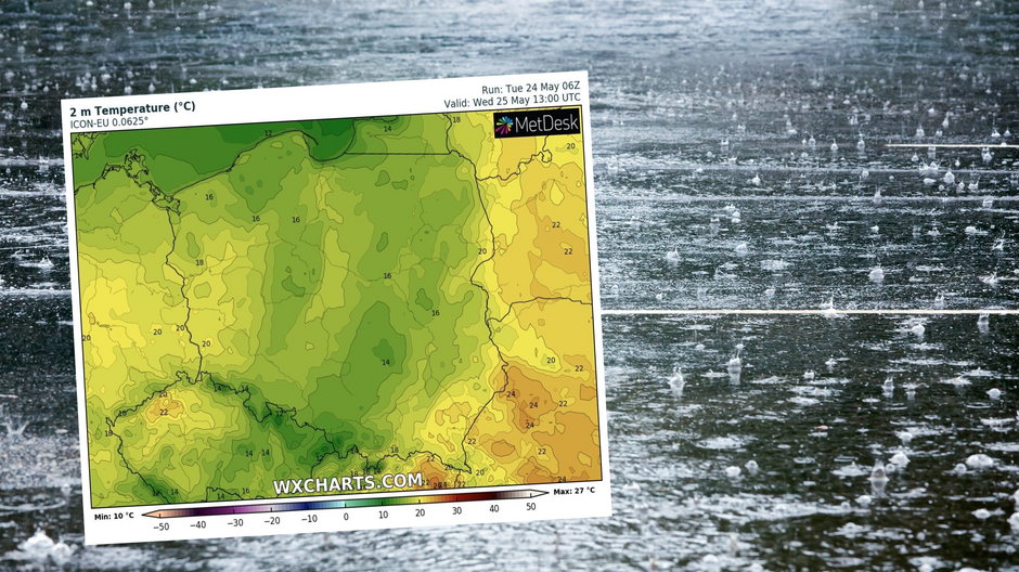 Środa w całej Polsce przyniesie deszcz. Zrobi się także chłodniej (mapa: wxcharts.com)