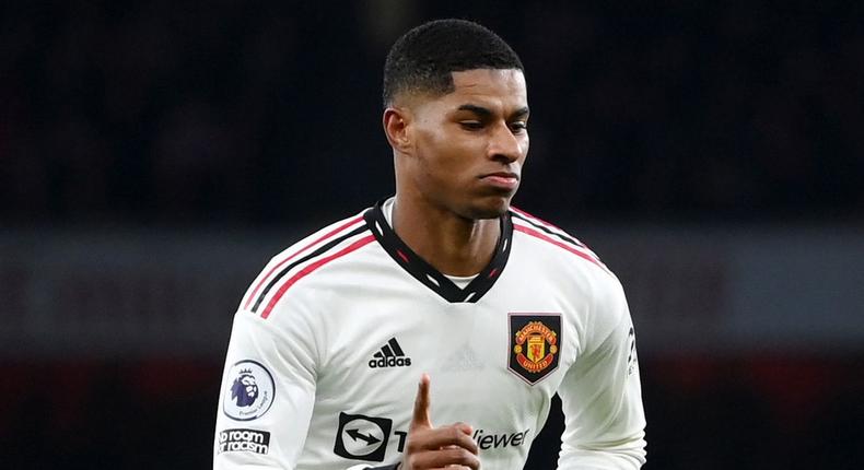 Marcus Rashford celebrates after opening the scoring against Arsenal