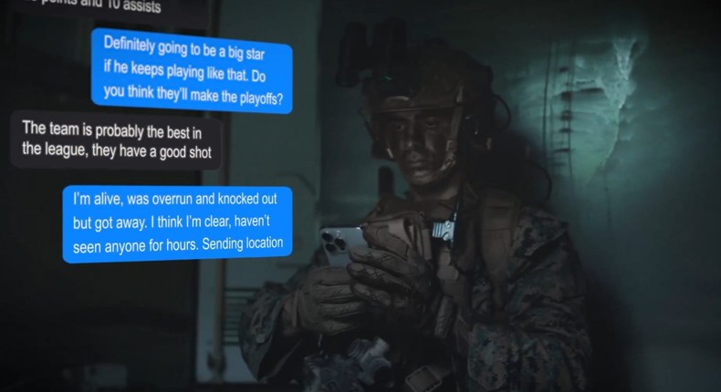 In this screengrab from a Marine Corps video on the dangers of cellphone usage, a Marine sends a message to his friends in battle. That has been deadly in Ukraine.Screenshot/US Marine Corps video