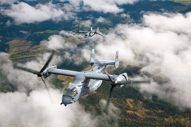 A V 22 Osprey flying in 'plane mode'