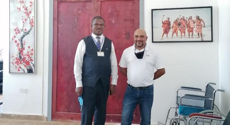 Hamptons Hospital CEO Hon. Dr. Maurice Siminyu (left) and Atos Senior project manager for SADC region Virgil Shetty at Hamptons Hospital in Mwale Medical and Technology City on June 8th, 2021