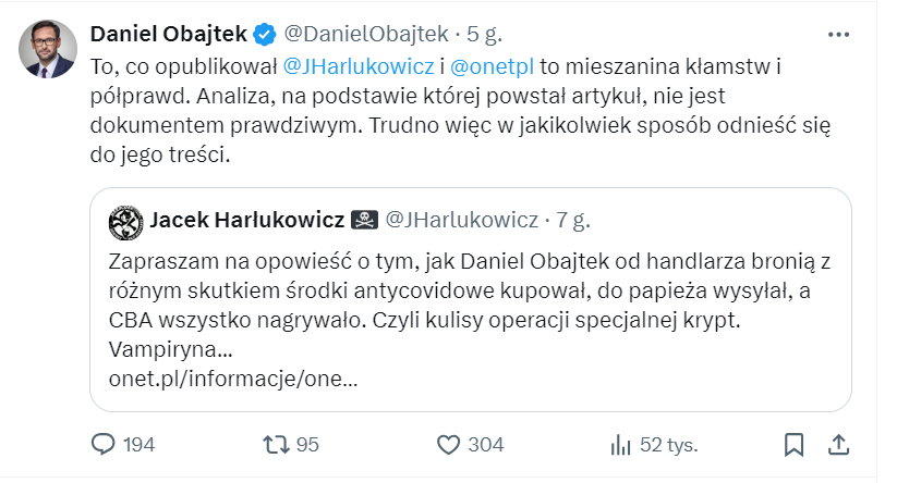 W opublikowanym wczoraj tweecie Daniel Obajtek zarzucił Onetowi posługiwanie się nieprawdą. Nie wskazał jednak, na czym miałaby ona polegać 
