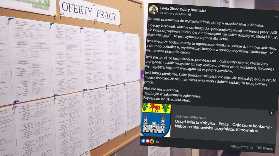 Osobliwe ogłoszenie o pracę w Urzędzie Miasta Kobyłka (facebook.com/dobryburmistrzedytazbiec)