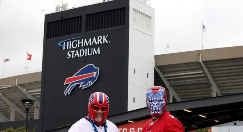 Fans pose before a game between the Pittsburgh Steelers and the Buffalo Bills at Highmark Stadium on September 12.
