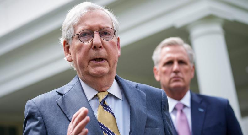 Senate Minority Leader Mitch McConnell (R-KY) and House Minority Leader Kevin McCarthy (R-CA) address reporters outside the White House.
