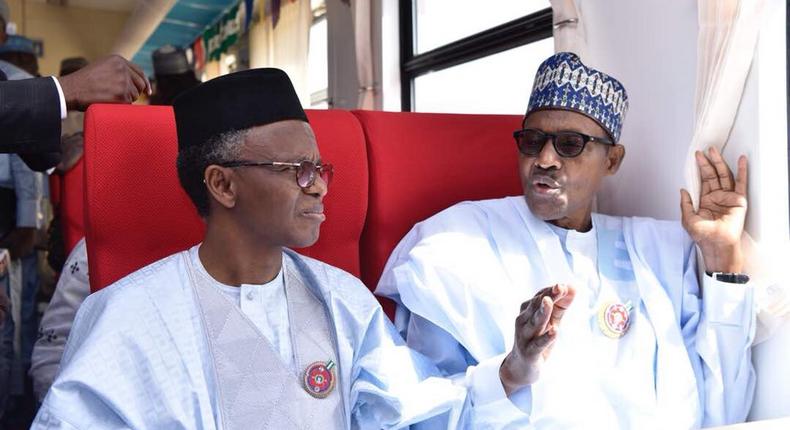 Kaduna State Governor, Nasir El-Rufai with President Muhammadu Buhari at Rigasa train station in Kaduna