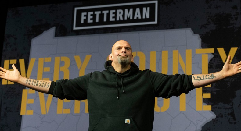 Democratic Senate candidate Lt. Gov. John Fetterman (D-PA) is welcomed on stage during a rally at the Bayfront Convention Center on August 12, 2022 in Erie, Pennsylvania.