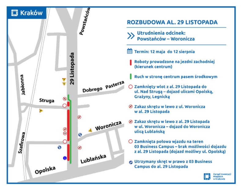 Rozbudowa Al. 29 Listopada — mapa utrudnień