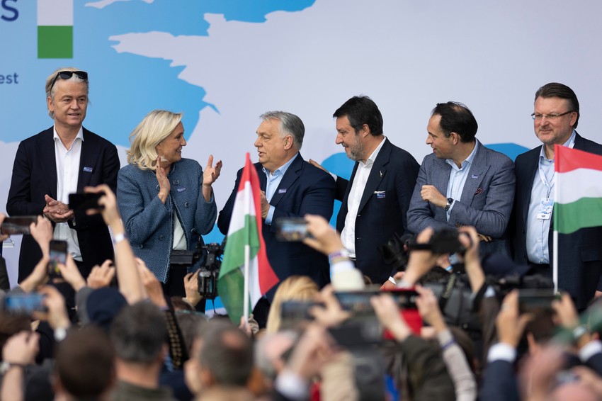 Gert Vilders, Marin Le Pen, Viktor Orban, Mateo Salvini, Tom Van Griken i Ainars Šlesers na konferenciji CPAC Mađarska u Budimpešti 23. marta
