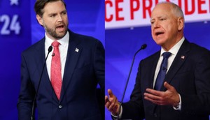 Tim Walz responded to JD Vance's childcare comments during the vice presidential debate. Chip Somodevilla/Getty Images, Michele Crowe/CBS via Getty Images