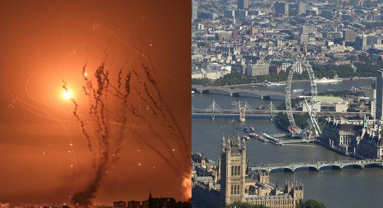 L: A salvo of rockets is fired by Palestinian militants from Gaza as an Israeli missile launched from the Iron Dome defense missile system attempts to intercept the rockets, over the city of Netivot in southern Israel on October 8, 2023.  R: Aerial view of the River Thames and Houses of Parliament in London.MAHMUD HAM | Adrian Peacock (Getty Images)