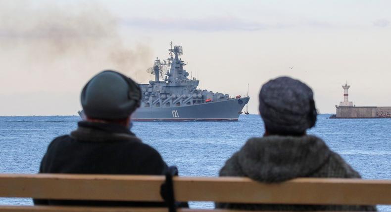 Russian Navy's guided missile cruiser Moskva sailed back into a harbor in the port of Sevastopol, Crimea, in 2021.REUTERS/Alexey Pavlishak