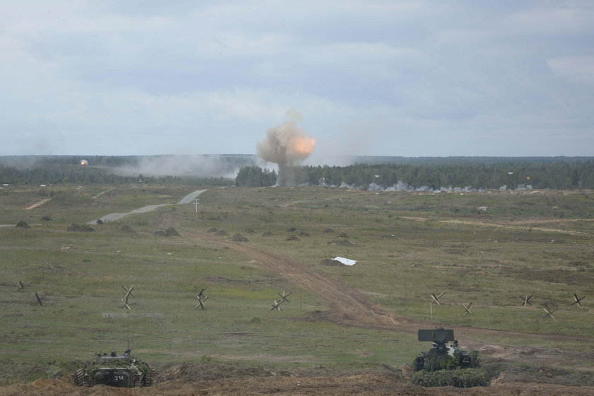 Armoured vehicles fire during the Zapad-2017 war games in Belarus