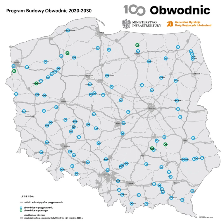 Mapa 100 obwodnic w ramach rządowego programu