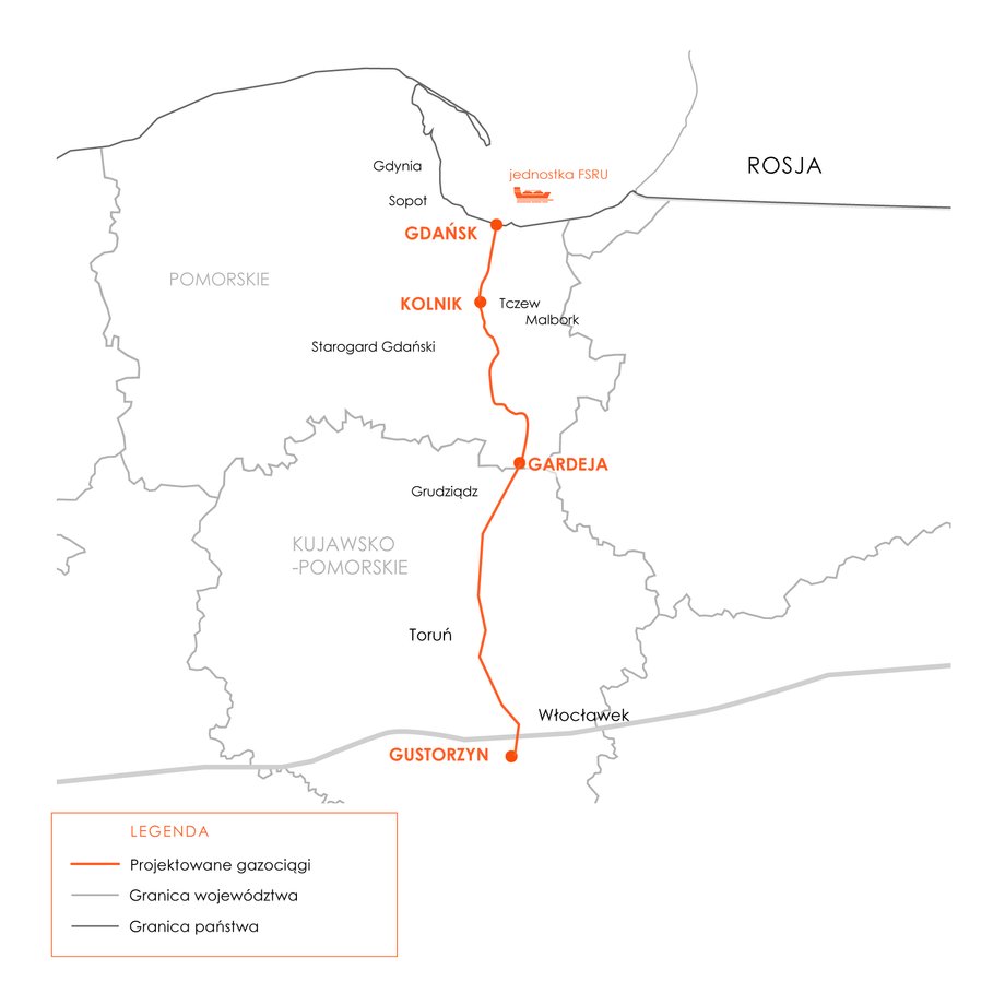 Mapa planowanych inwestycji w ramach budowy pływającego terminala LNG. 